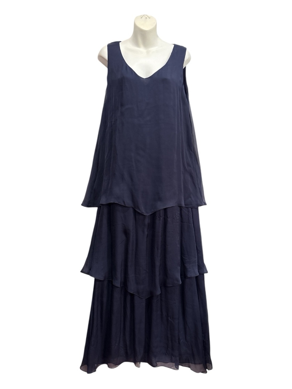 Soft Surroundings Tiered Silk Chiffon Maxi Dress Navy Blue V-Neck  sz large
